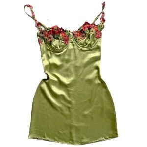 Princess Polly Satin Mini Dress in Olive with Floral Accents